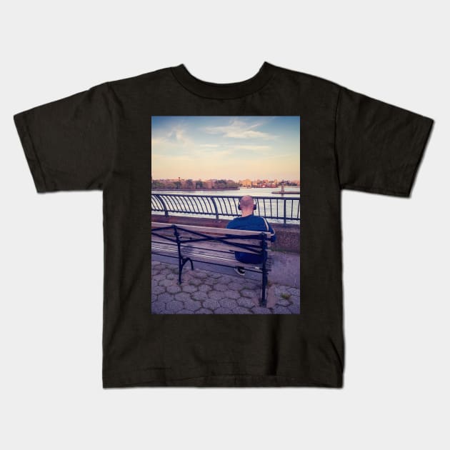 Sunset Carl Schulz Park Bench Lonely Man Manhattan New York City Kids T-Shirt by eleonoraingrid